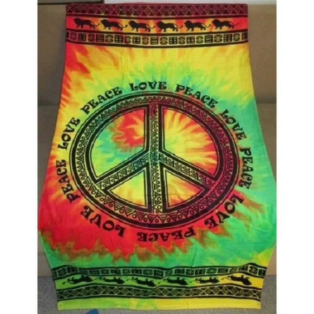 New Tie Dye Tribal Peace Sign Love Bath Beach Pool Gift Velour Towel Rasta Color